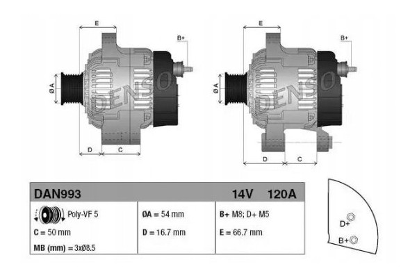 ALTERNATOR DENSO DAN993 Product weight with unit packaging 5 kg