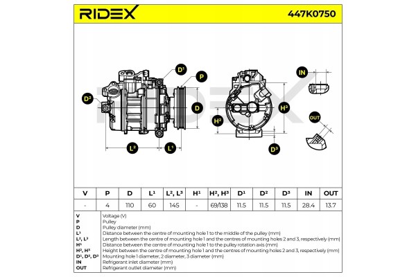 Air conditioning compressor RIDEX 447K0750 7SEU16C for AUDI A6 Sedan 4B2 C5 EAN GTIN 4066423384406
