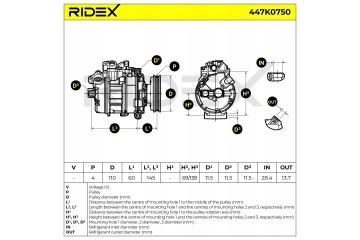 Air conditioning compressor RIDEX 447K0750 7SEU16C for AUDI A6 Sedan 4B2 C5 EAN GTIN 4066423384406