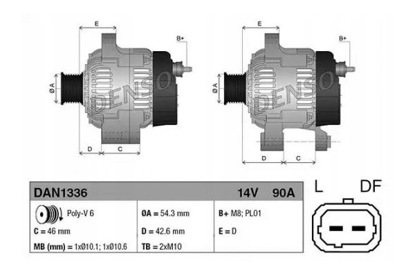ALTERNATOR DENSO DAN1336 Alternator charging current 90 A