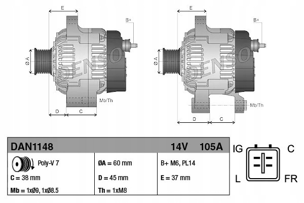 Alternator DAN1148 DENSO Alternator charging current 105 A