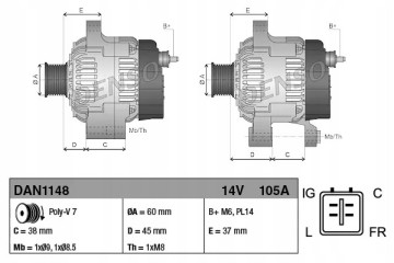Alternator DAN1148 DENSO Alternator charging current 105 A