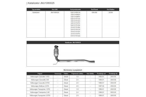 Catalytic converter VW TRANSPORTER IV 1 9D 2 4D 2 5D 10 92 04 03 Part manufacturer JMJ