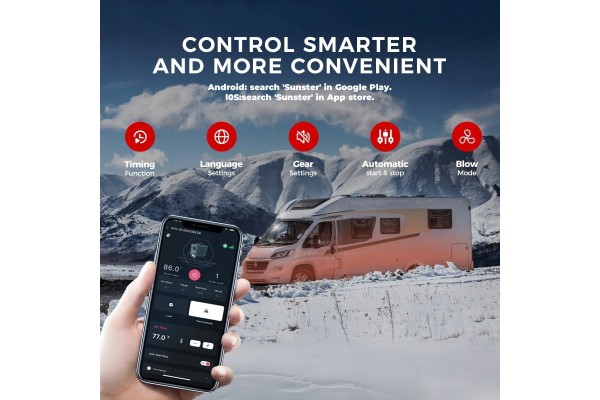 Calefactor estacionario Sunster 8kW 12/24V/230V con Bluetooth y ventil