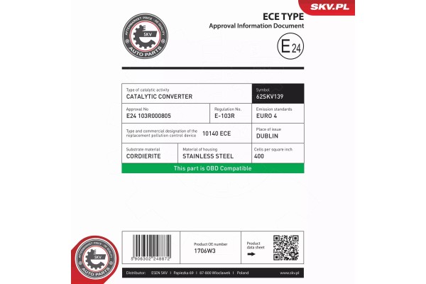 CATALYTIC CONVERTER 62SKV139 SKV Customs tariff code 87089220