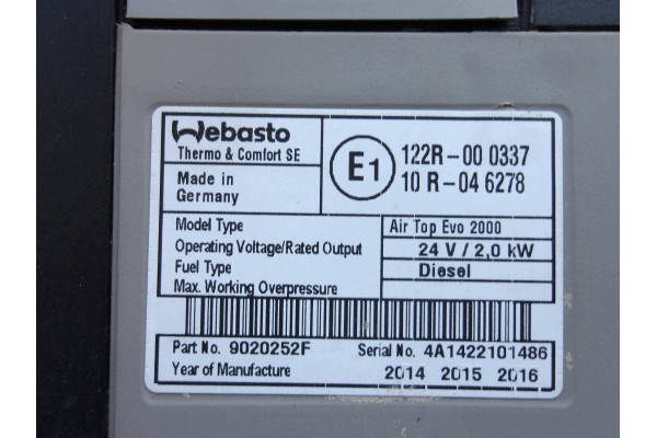 WEBASTO AIR TOP EVO 2000 RENAULT T RANGE Product weight with unit packaging 2 kg