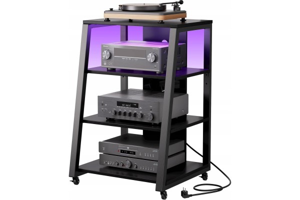 4 TIER HIFI BOOKCASE WITH WHEELS LED AND POWER SUPPLY RUSTIC BRONZE