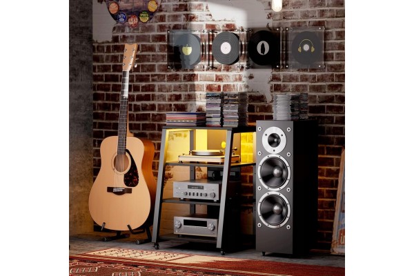 4 TIER HIFI BOOKCASE WITH WHEELS LED AND POWER SUPPLY RUSTIC BRONZE Packaging status original