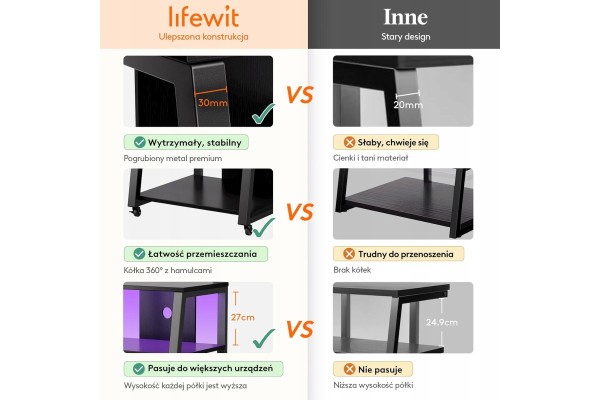 Estantería HiFi de 4 Niveles con Ruedas, LED y Alimentación, Marrón