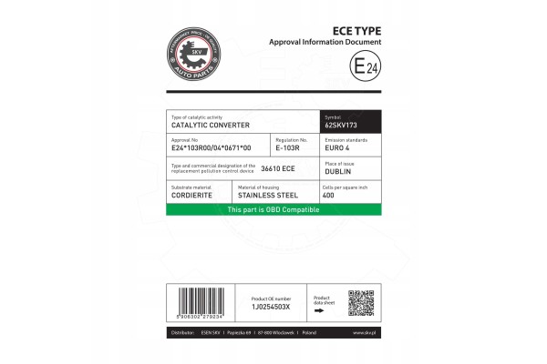 Catalyst 62SKV173 SKODA OCTAVIA I VW BORA I GOLF IV NEW BEETLE Part manufacturer ESEN SKV