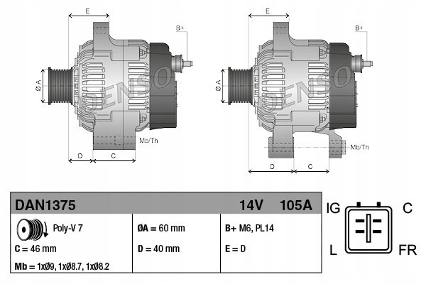 Alternator DENSO DAN1375 Catalog number of the part DAN1375