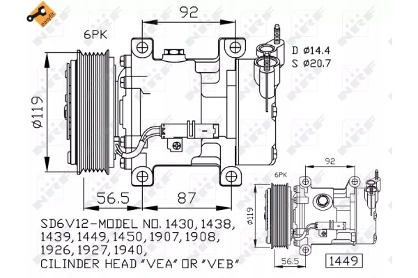 32227 NRF AIR CONDITIONING COMPRESSOR CITROEN C2 C3 SANDEN SD6V12 WHEEL DIAMETER Catalog number of substitutes ACAUTO AC 01SD040