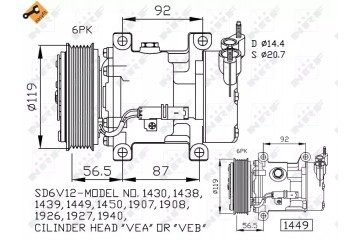 32227 NRF AIR CONDITIONING COMPRESSOR CITROEN C2 C3 SANDEN SD6V12 WHEEL DIAMETER Catalog number of substitutes ACAUTO AC 01SD040