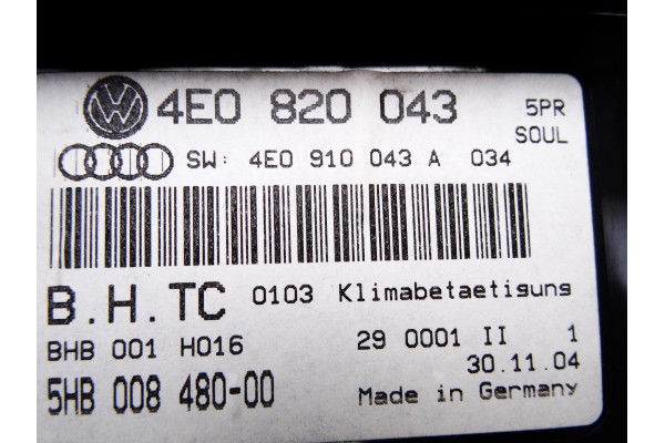 4E0820043  MANDO CLIMATIZADOR AUDI A8 (4E) 3.0 TDI Quattro 2005 4E0820043 211543 AUDI - 2