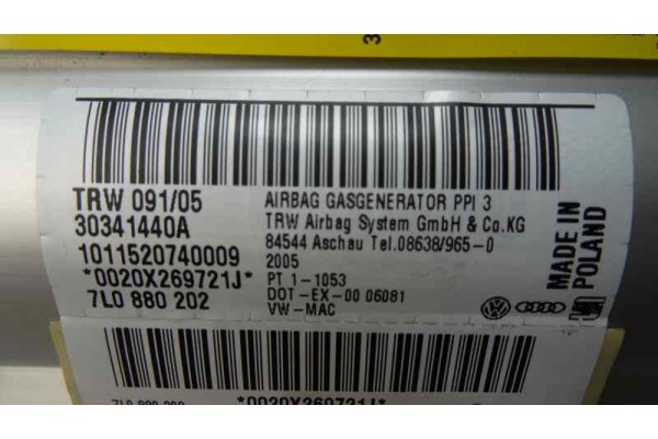 Airbag delantero derecho, Volkswagen Touareg (7LA) Tdi V10 2003, 7L0880202