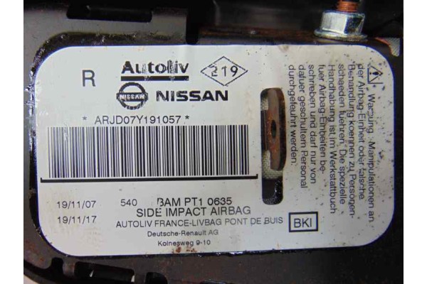 ARJD07Y191057 AIRBAG LATERAL DERECHO NISSAN NAVARA PICKUP (D40M) Doble Cab SE 4X4 2007 ARJD07Y191057 184287 NISSAN - 1