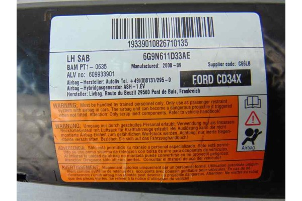 Airbag lateral izquierdo, Ford Mondeo Berlina (CA2) Ambiente 2008, 6G9N611D33AE