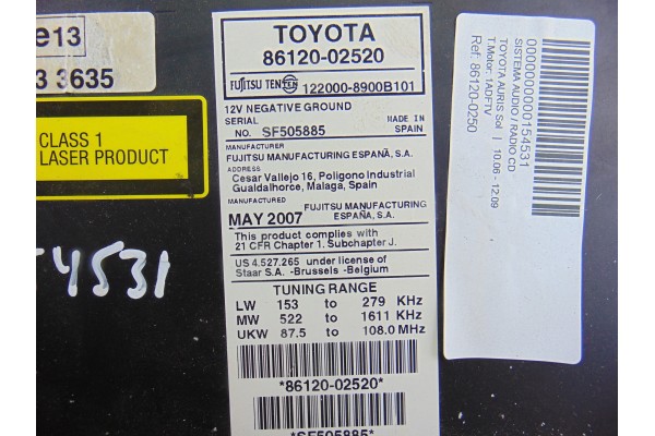 Sistema audio / radio cd, Toyota Auris (E15) Sol 2007, 86120-0250