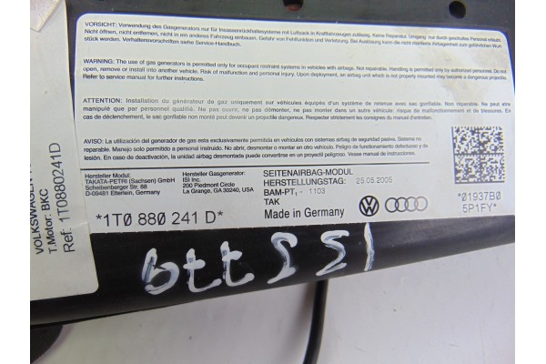 Airbag lateral izquierdo, Volkswagen Touran (1T1) Advance 2005, 1T0880241D