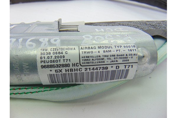 Airbag cortina delantero derecho, Peugeot 308 Premium 2009, 9688532880