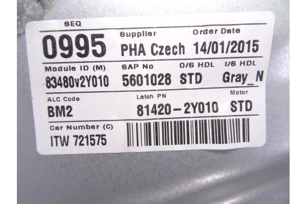 Elevalunas trasero derecho, Hyundai IX35 (El/lm) Style 2WD 2015, 814202Y010