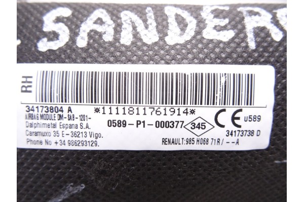 Airbag lateral derecho, Dacia Sandero Ii Basis 2018, 34173804A