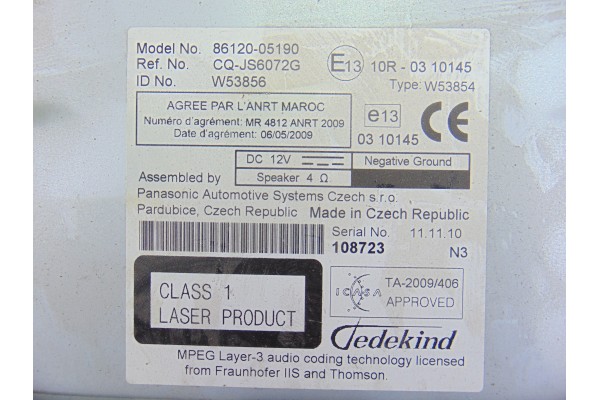 86120-05190 SISTEMA AUDIO / RADIO CD TOYOTA AVENSIS CROSS SPORT (T27) Advance 2011 86120-05190 193083 TOYOTA - 3