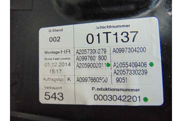 Elevalunas trasero derecho, Mercedes-benz Clase C (Bm 205) Berlina C 300 CDI BlueTEC Hybrid (205.012) 2014, A2057300279