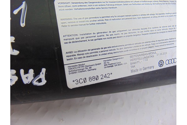Airbag lateral derecho, Volkswagen Passat Berlina (3C2) Advance 2005, 3C0880242