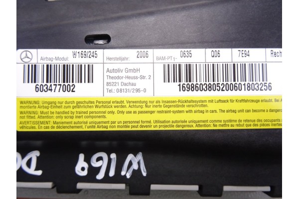 Airbag lateral derecho, Mercedes-benz Clase a (Bm 169) A 180 CDI (169.007) 2006, 1698603805 usado 4
