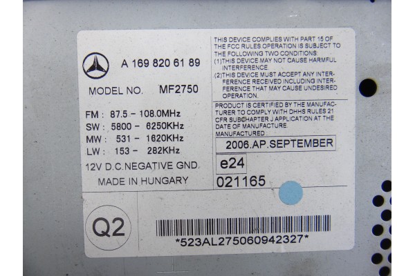 Sistema audio / radio cd, Mercedes-benz Clase a (Bm 169) A 200 Turbo (169.034) 2006, A1698206189