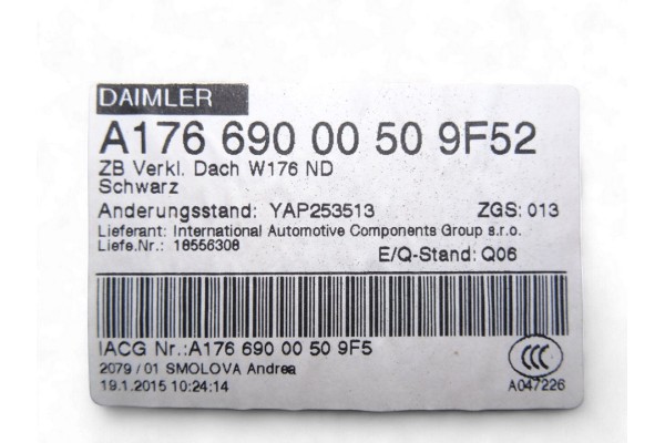 Techo interior, Mercedes-benz Clase a (Bm 176) A 180 CDI BlueEfficiency (176.012) 2015, A1766900050