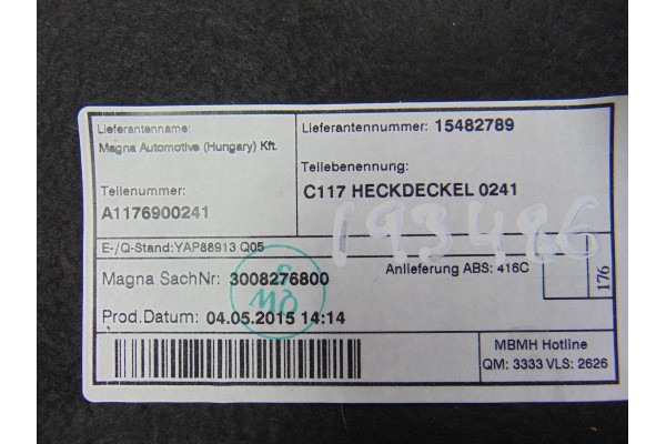 Guarnecido porton trasero, Mercedes-benz Clase Cla (Bm 117) CLA 220 CDI 4Matic (117.305) 2015, A1176900241
