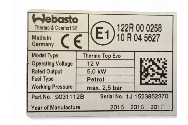 2016 Volkswagen Golf Sportsvan Parking Heater Webasto 5Q0815005T Catalog number of the original 122R000258