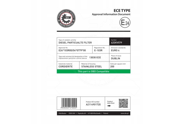 Particulate filter 62SKV579 MERCEDES BENZ CLS C219 E CLASS W211 S211 Catalog number of the part 62SKV579