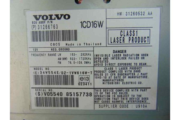 31266763 SISTEMA AUDIO / RADIO CD VOLVO C30