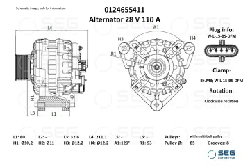 Alternador 0124.655.411 para DAF 75 CF, CF 75 TEMSA AVENUE, TOURMALIN