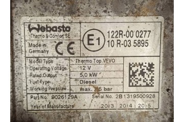 2015 Volkswagen Sharan Parking heater Webasto 7N0815005AA Catalog number of the original 9026118A