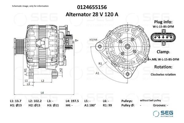 Alternador 0124.655.156 para VOLVO FH, FH II, FH16, FMX D13A380-D16C61