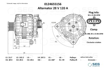 Alternador 0124.655.156 para VOLVO FH, FH II, FH16, FMX D13A380-D16C61
