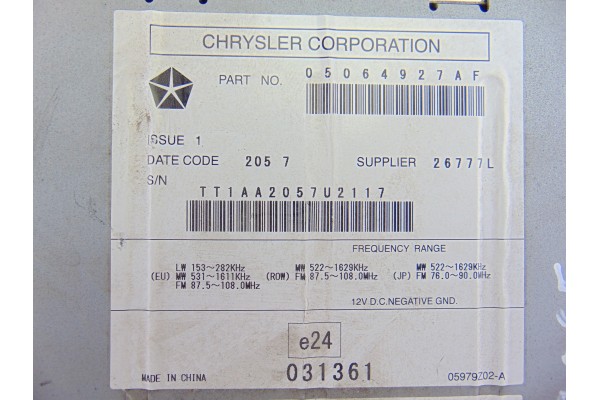 05064927AF SISTEMA AUDIO / RADIO CD JEEP GRAND CHEROKEE (WH) 3.0 CRD Laredo 2007 05064927AF 199065 JEEP - 3