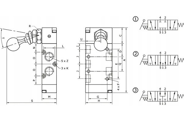 Válvula de palanca manual, 5/3 vías 1/8 Kramp usado 2