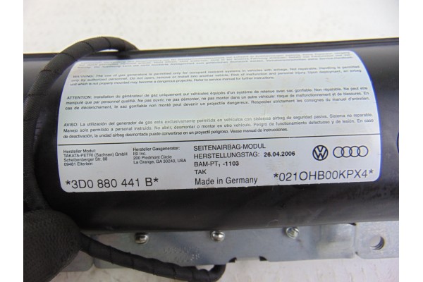 3D0880441B  AIRBAG LATERAL TRASERO IZQUIERDO VOLKSWAGEN PHAETON (3D3/3D7) TDI V6 4Motion (5 asientos) 2007 3D0880441B 199555 VOL