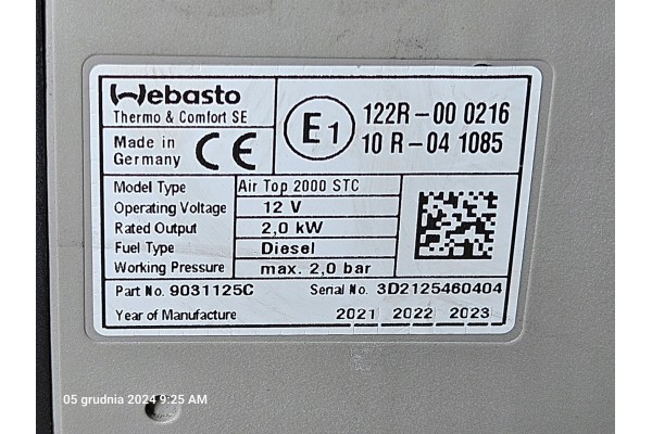 Webasto Air Top 2000 STC 12V diesel zestaw 2021 potencjometr Part manufacturer Webasto
