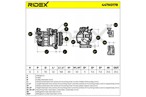 Air conditioning compressor RIDEX 447K0178 PXC16 for VOLVO V60 I Van Estate EAN GTIN 4059191248445