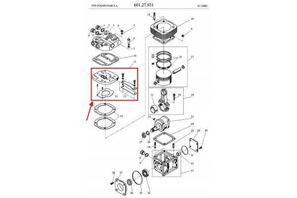 Complete valve plate for compressors type 601 24 and 601 27 FOS Polmo Catalog number of the original 60127005 601 27 005 029