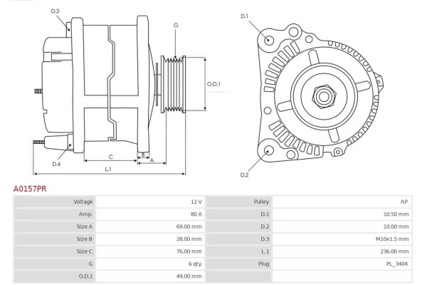 ALTERNATOR A0157PR AS AS PL Catalog number of substitutes A Z Meisterteile AZMT 49 035 1055 AD KUHNER 301256RI AD KUHNER 301256R