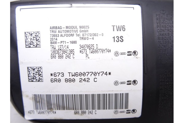 6R0880242C AIRBAG LATERAL DERECHO VOLKSWAGEN POLO V (6C1) Comfortline 2014 6R0880242C 213049 VOLKSWAGEN - 2