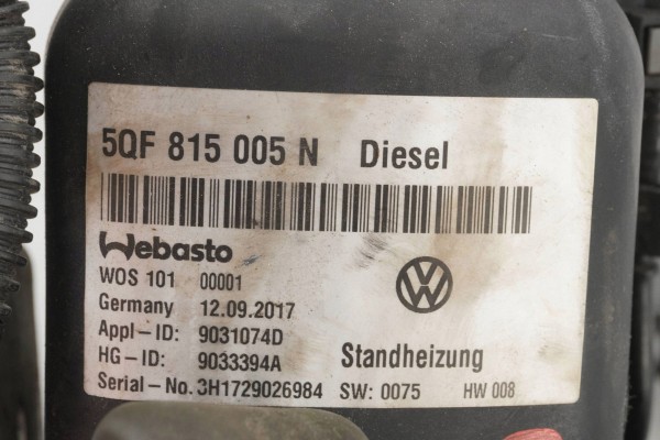 PARKING HEATER WEBASTO SKODA KODIAQ 5QF815005N 9033394A Customs tariff code 87089997