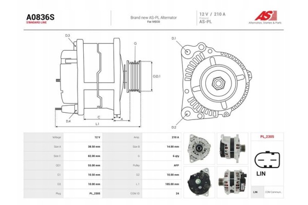 A0836S ALTERNATOR IVECO DAILY 35C17 3 0 D DAILY 35C17P 3 0 D DAILY Alternator charging current 210 A